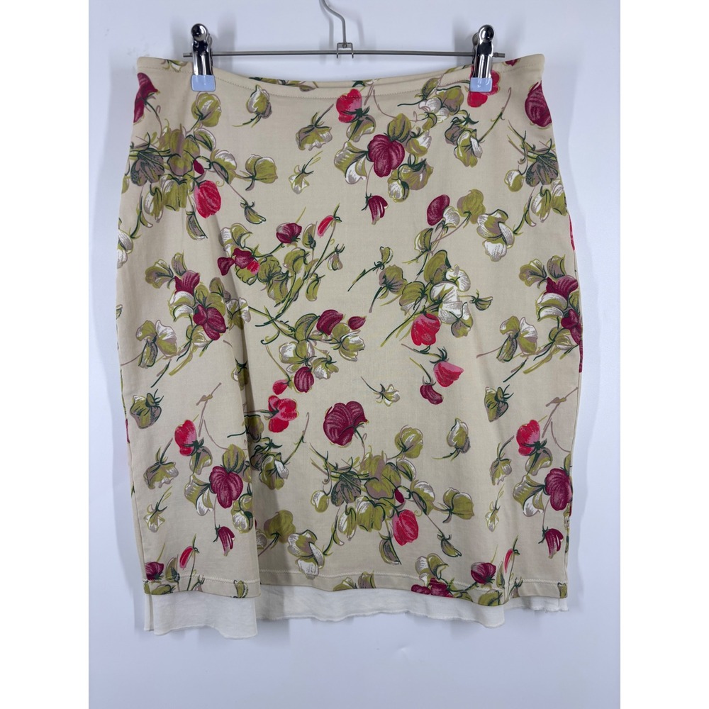 Siberian Floral Pencil Skirt Tan Red Green Layered Raw Hem Size M